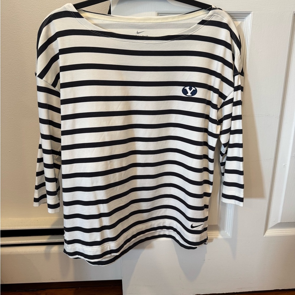 Nike Women's Navy and White Striped Long Sleeve Top
